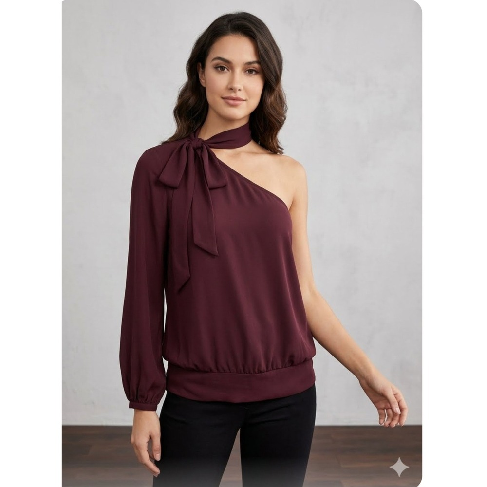 NY & Company One Shoulder Blouse Women L Burgundy Tie Neck Y2K Night Out Chic